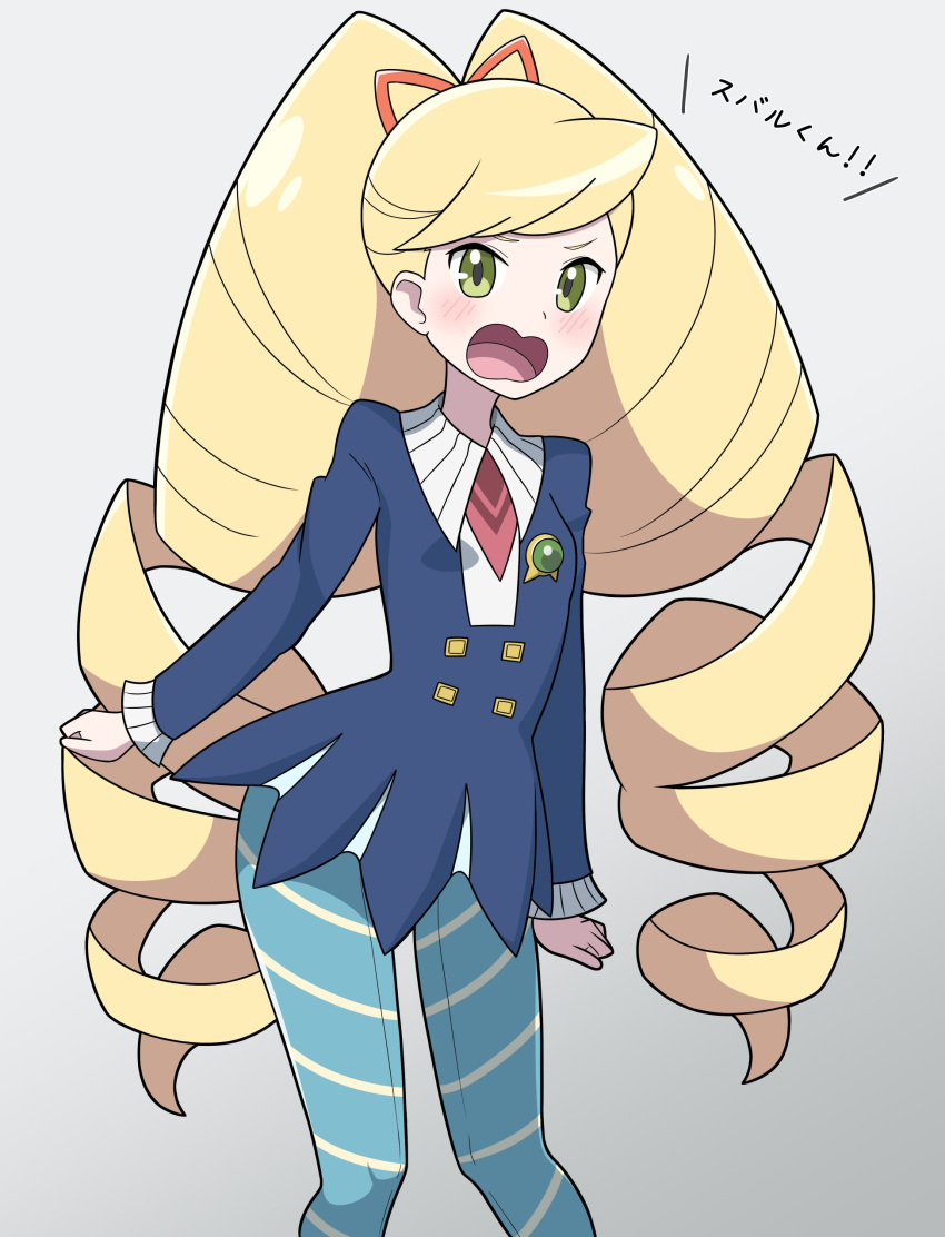 1girl, :o, absurdres, araki_megami, big_hair, blonde_hair, blue_dress, blue_pantyhose, blush, bow, dress, drill_hair, green_eyes, hair_bow, highres, long_hair, long_sleeves, looking_at_viewer, luna_platz_(mega_man), mega_man_(series), mega_man_star_force_(series), open_mouth, pantyhose, solo, striped_clothes, striped_pantyhose, twin_drills, twintails, very_long_hair