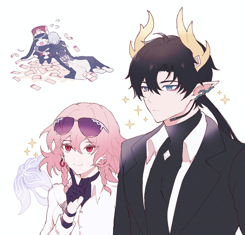1girl, 2boys, black_coat, black_gloves, black_hair, braid, caelus_(honkai:_star_rail), coat, dan_heng_(honkai:_star_rail), dan_heng_(lurking)_(honkai:_star_rail), dan_heng_(permansor_terrae)_(honkai:_star_rail), dragon_boy, dragon_horns, earrings, evernight_(honkai:_star_rail), evernight_(lurking)_(honkai:_star_rail), eyeliner, gloves, green_eyes, grey_hair, honkai:_star_rail, honkai_(series), horns, jewelry, lapels, long_hair, makeup, march_7th_(honkai:_star_rail), microphone, mokufuwa_nnshi, multiple_boys, official_alternate_costume, parted_bangs, pink_hair, pointy_ears, pom-pom_(honkai:_star_rail), red_eyeliner, red_eyes, shirt, single_earring, sparkle, star_rail_special_pass_(honkai:_star_rail), sunglasses, trailblazer_(honkai:_star_rail), turtleneck, twin_braids, white_shirt