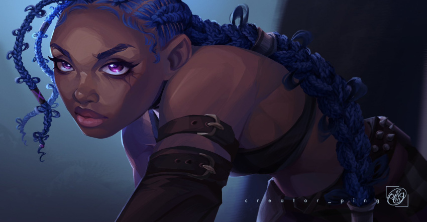 1girl, alternate_skin_color, arcane:_league_of_legends, arcane_jinx, artist_logo, artist_name, blue_hair, braid, creator_ping, dark-skinned_female, dark_skin, highres, jinx_(league_of_legends), kinky_hair, league_of_legends, leaning_forward, logo, midriff, parted_lips, pink_lips, simple_background, solo, upper_body, violet_eyes