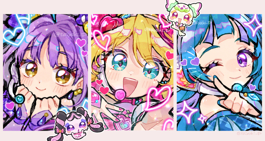 3girls, :d, ;), aokaze_nana, blonde_hair, blue_dress, blue_hair, blush, closed_mouth, commentary, cure_idol, cure_kyunkyun, cure_wink, doradorakingyo, dress, heart, highres, kimi_to_idol_precure, long_hair, looking_at_viewer, meroron_(fairy)_(precure), multiple_girls, musical_note, one_eye_closed, open_mouth, pink_dress, portrait, precure, purirun_(fairy)_(precure), purple_dress, purple_hair, sakura_uta_(precure), shigure_kokoro, smile, sparkle, twitter_username, yellow_eyes