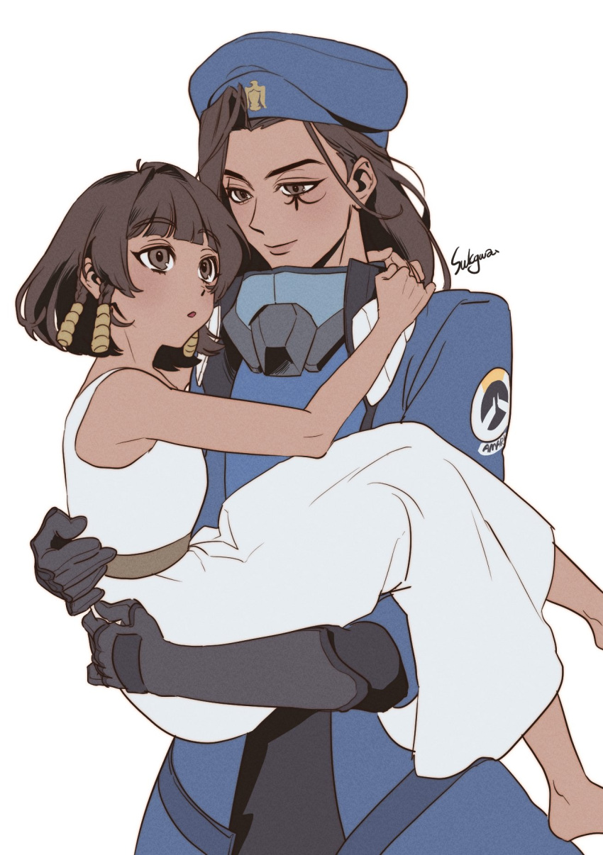 2girls, aged_down, ana_(overwatch), baekryang, beret, black_gloves, blue_hair, blue_jacket, blue_shirt, brown_eyes, brown_hair, captain_amari, carrying, carrying_person, child, closed_mouth, dark-skinned_female, dark_skin, dress, facial_tattoo, gloves, hat, highres, jacket, long_hair, mother_and_daughter, multiple_girls, overwatch, pharah_(overwatch), shirt, short_hair, simple_background, smile, tattoo, white_background, white_dress, wide-eyed