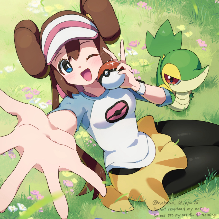 1girl, ;d, arm_up, black_pantyhose, blue_eyes, breasts, bright_pupils, brown_hair