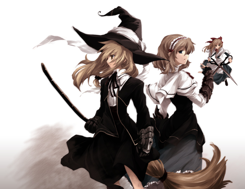 alice_margatroid, alternate_costume, back-to-back, blonde_hair, broom, gauntlets, glowing, hairband