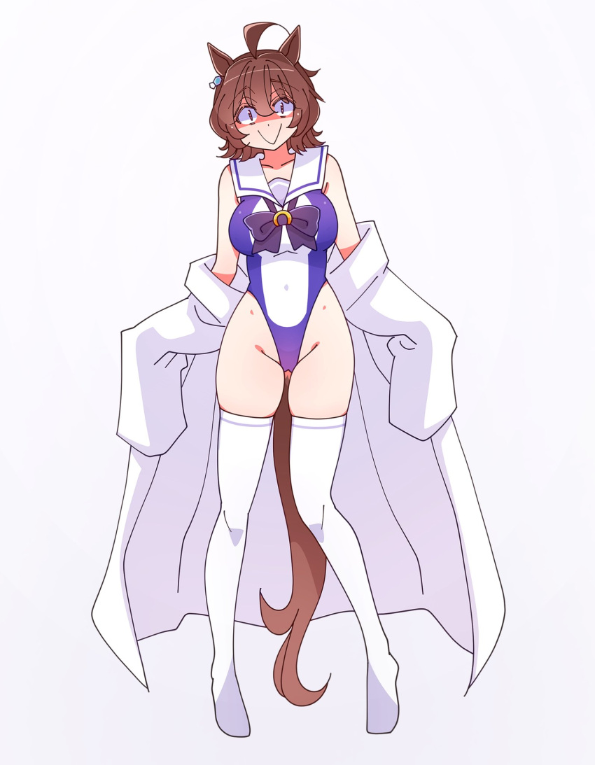 1girl, agnes_tachyon_(umamusume), ahoge, animal_ears, breasts, chemical_structure, covered_navel, earrings, hair_ornament, highleg, highleg_leotard, highres, horse_ears, horse_girl, horse_tail, huge_ahoge, jewelry, kaijin_debeso, lab_coat, large_breasts, leotard, looking_at_viewer, shaded_face, single_earring, sleeves_past_fingers, sleeves_past_wrists, smile, solo, tail, thigh-highs, umamusume, white_thighhighs