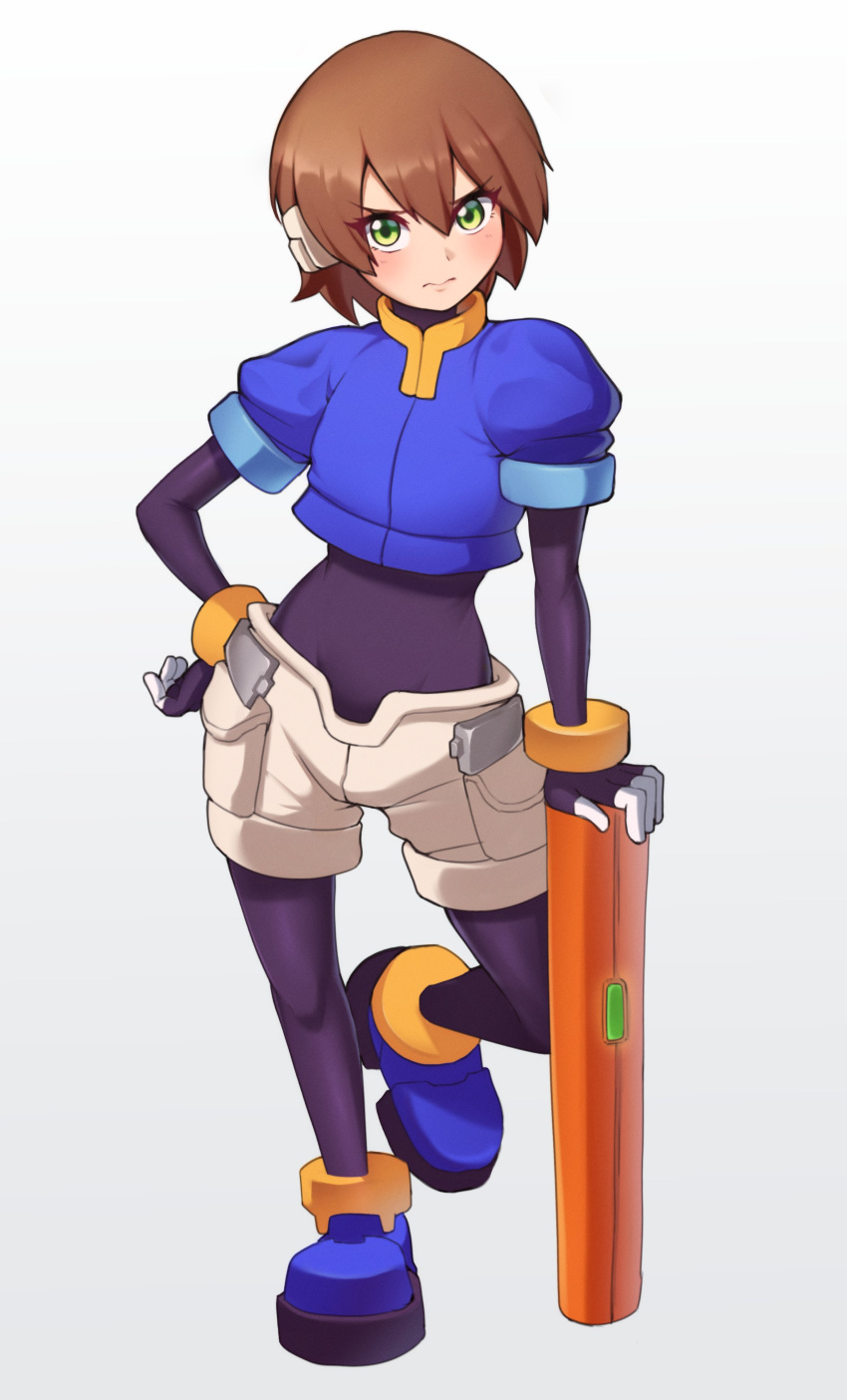 1girl, absurdres, aile_(mega_man_zx), black_bodysuit, blue_jacket, blush, bodysuit, bonoshii