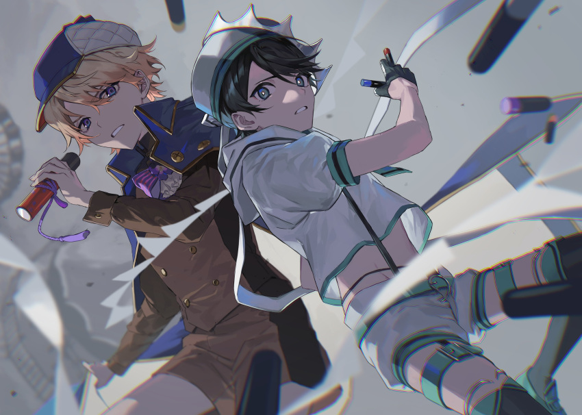 2boys, absurdres, aqua_belt, aqua_eyes, aqua_neckerchief, aqua_shoes, ascot, back-to-back