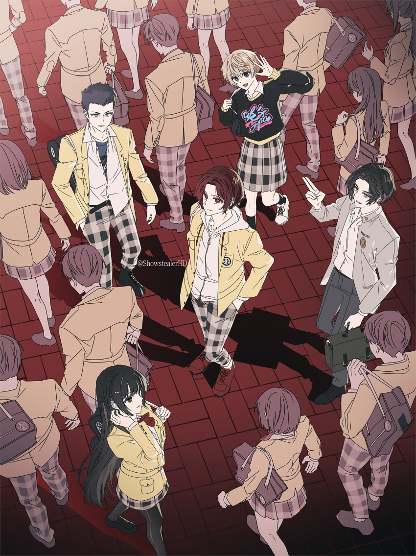 2girls, 3boys, arai_motoha, bag, black_hair, black_pantyhose, black_shoes, black_socks