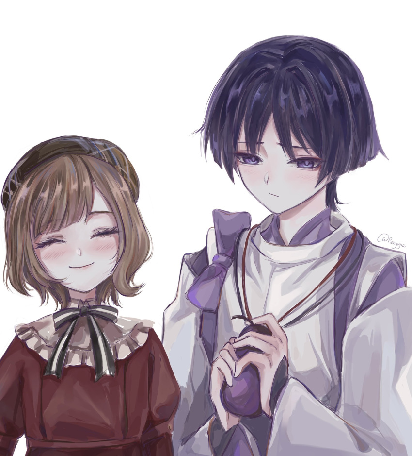 1boy, 1girl, armor, arms_at_sides, beret, black_bow, black_hat, blunt_bangs