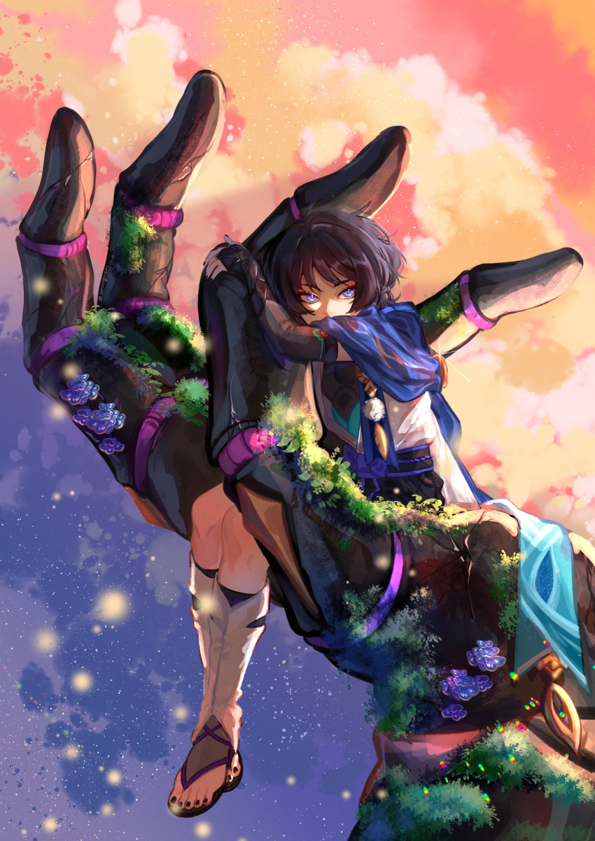 1boy, araimin, armor, belt, black_belt, black_bodysuit, black_bridal_gauntlets, black_hair