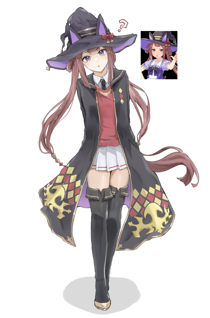 1girl, ?, absurdres, animal_ears, arms_behind_back, black_boots, black_cloak, black_necktie