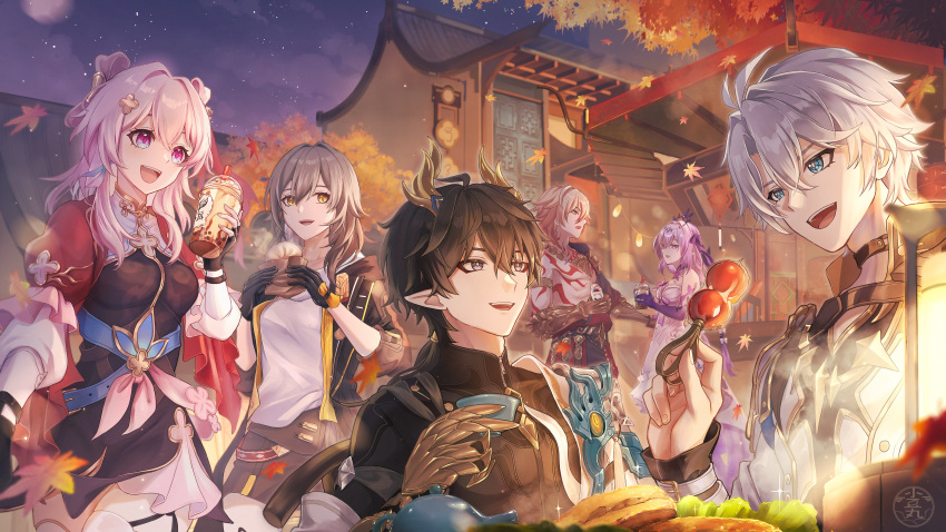 3boys, 3girls, absurdres, antenna_hair, architecture, autumn_leaves, azukimaru, bare_shoulders, black_gloves, black_hair, black_jacket, black_shirt, black_skirt, black_tiara, blue_eyes, breasts, bubble_tea, building, castorice_(honkai:_star_rail), chinese_clothes, commentary_request, cup, dan_heng_(honkai:_star_rail), dan_heng_(permansor_terrae)_(honkai:_star_rail), disposable_cup, dragon_boy, dragon_horns, dress, drinking_straw, east_asian_architecture, eating, food, gloves, grey_hair, hair_between_eyes, hair_ornament, hair_ribbon, highres, holding, holding_cup, holding_food, honkai:_star_rail, honkai_(series), horns, jacket, leaf, long_hair, looking_at_another, march_7th_(honkai:_star_rail), march_7th_(hunt)_(honkai:_star_rail), medium_breasts, multicolored_eyes, multiple_boys, multiple_girls, mydei_(honkai:_star_rail), night, night_sky, open_mouth, outdoors, phainon_(honkai:_star_rail), pink_eyes, pink_hair, pointy_ears, purple_gloves, purple_hair, red_jacket, ribbon, shirt, short_hair, shuangyaji, sitting, skirt, sky, standing, stelle_(honkai:_star_rail), tiara, trailblazer_(honkai:_star_rail), two-tone_eyes, very_long_hair, violet_eyes, white_dress, white_hair, white_shirt, yellow_eyes, yellow_horns
