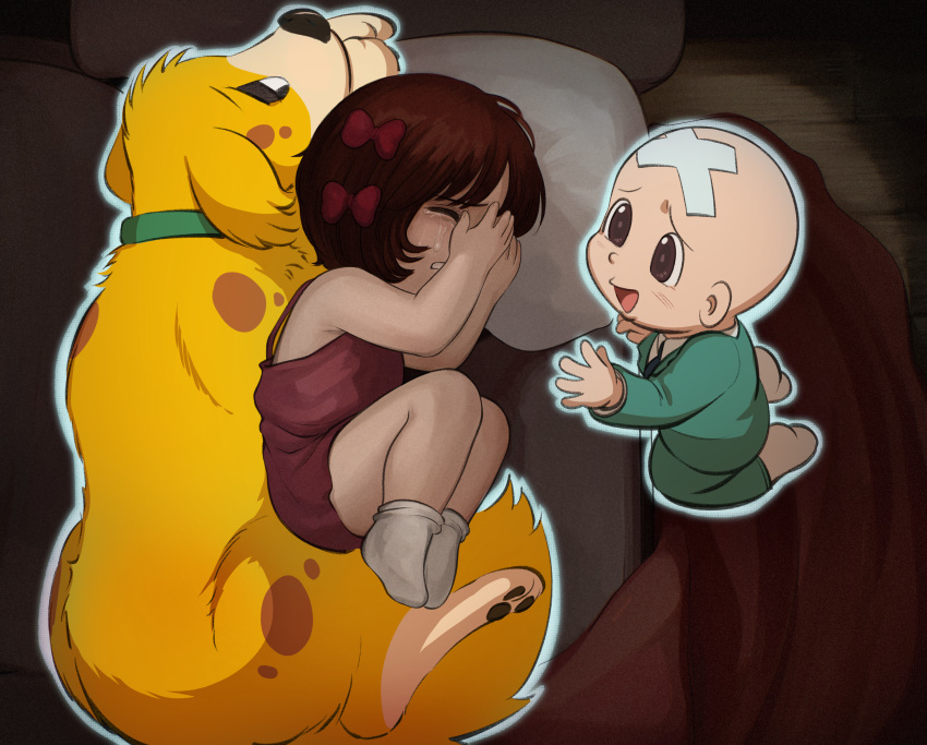 absurdres, bald, black_jack_(series), blanket, brown_hair, child, crying, dog, dress, fetal_position, highres, largo_(black_jack), nsfmeows, pillow, pinoko, sad, sharaku_hosuke, socks, suit, toddler, white_socks