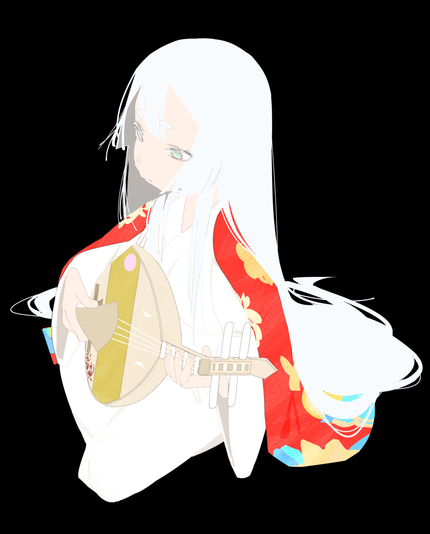 1girl, absurdres, bachi, biwa_(heike_monogatari), biwa_lute, black_background, full_body, heike_monogatari