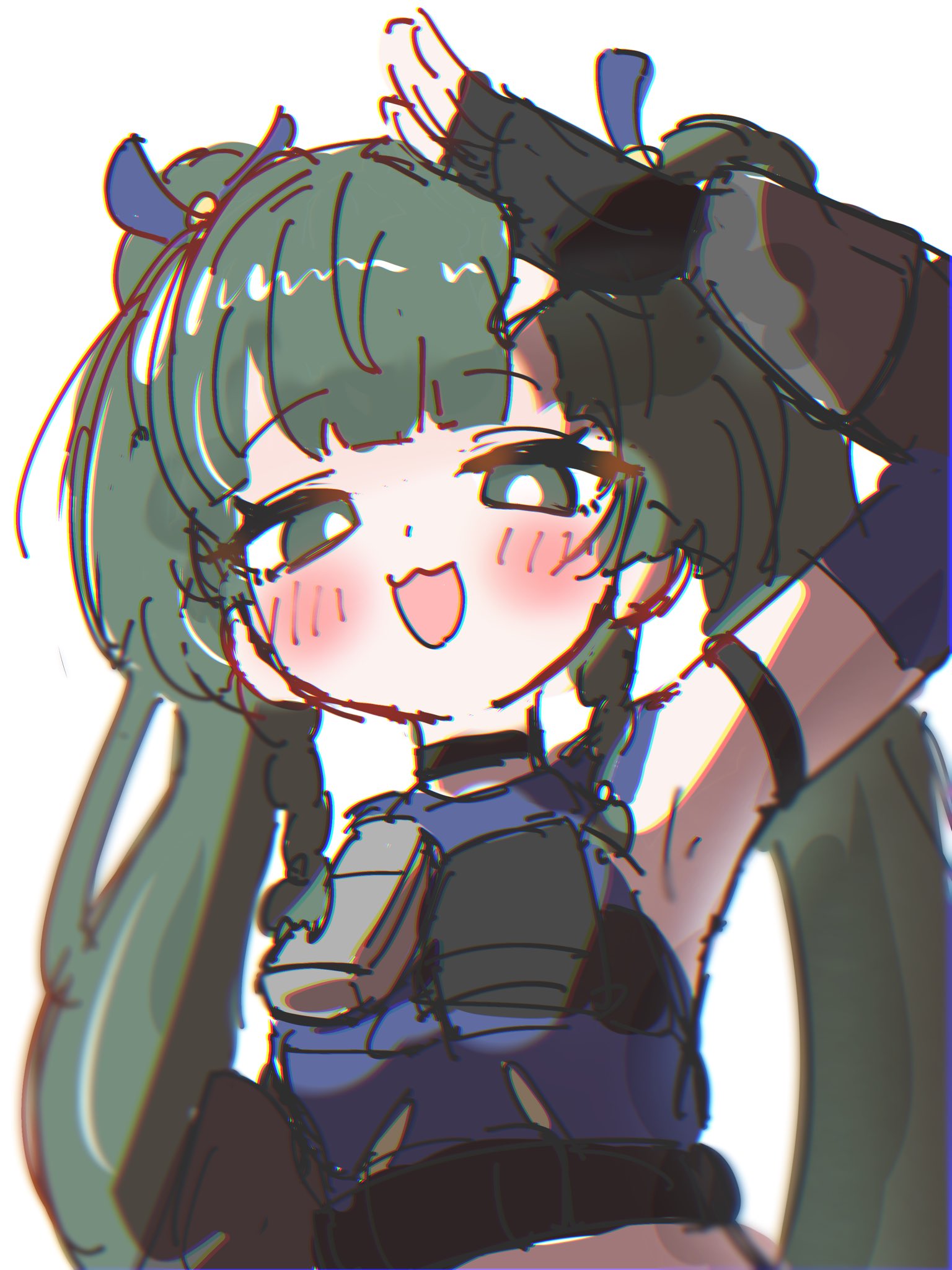 1girl, :3, android, armband, armpits, bare_shoulders, belt, black_armband
