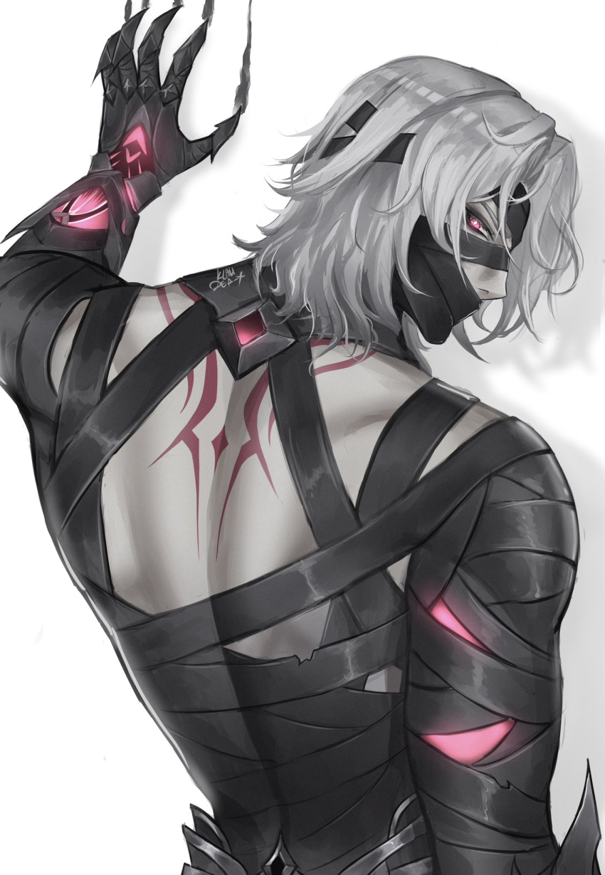 1boy, back, back_tattoo, bandages, black_bandages, clawed_gauntlets, claws, commentary