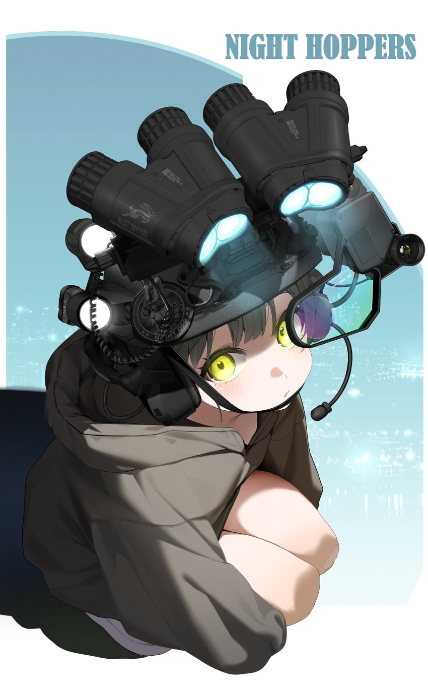 1girl, black_hair, black_hoodie, closed_mouth, commentary, english_text, flashlight, headphones