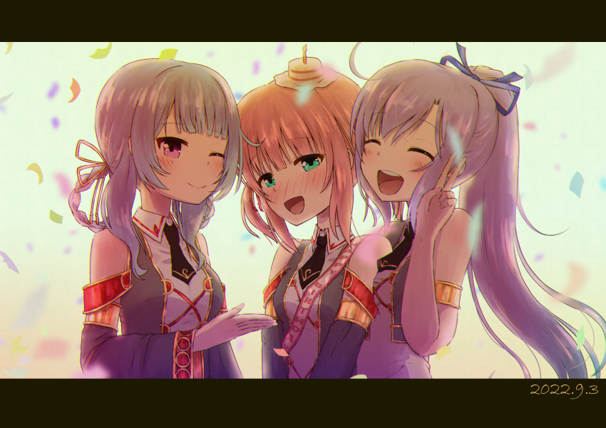 3girls, ^_^, absurdres, bare_shoulders, black_necktie, blue_bow, blue_hair, blush