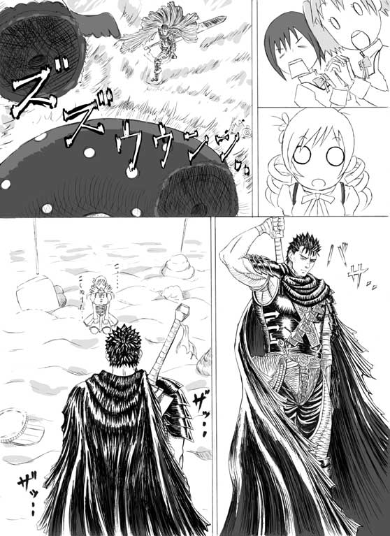 :o, artist_request, berserk, charlotte_(madoka_magica), comic, crossover, dragonslayer_(sword), drill_hair