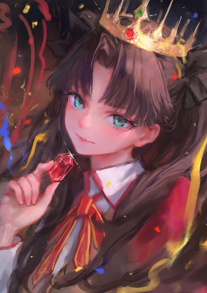 1girl, absurdres, brown_hair, commentary, crown, fate/stay_night, fate_(series), gem