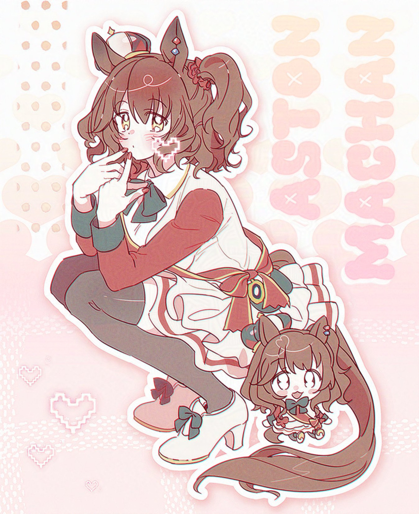 1girl, animal_ears, aston_machan_(flare)_(umamusume), aston_machan_(umamusume), black_thighhighs, blue_bow, blush, bow