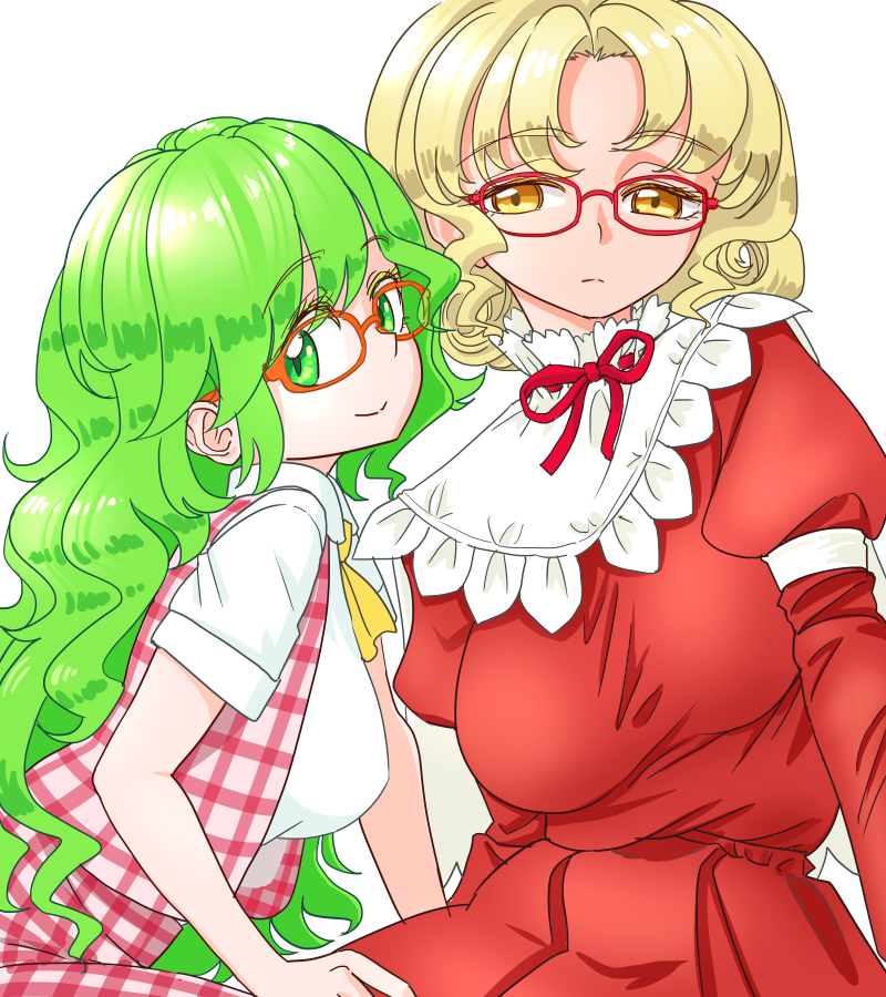 2girls, ascot, blonde_hair, breasts, capelet, curly_hair, curtained_hair, elly_(touhou), frilled_capelet, frills, glasses, green_eyes, green_hair, jacket, kazami_yuuka, kazami_yuuka_(pc-98), long_hair, long_sleeves, multiple_girls, neck_ribbon, orange-tinted_eyewear, plaid_clothes, plaid_jacket, plaid_skirt, red-tinted_eyewear, red_ribbon, red_shirt, red_skirt, ribbon, s-a-murai, shirt, short_sleeves, skirt, smile, tinted_eyewear, touhou, touhou_(pc-98), white_capelet, white_shirt, yellow_ascot, yellow_eyes
