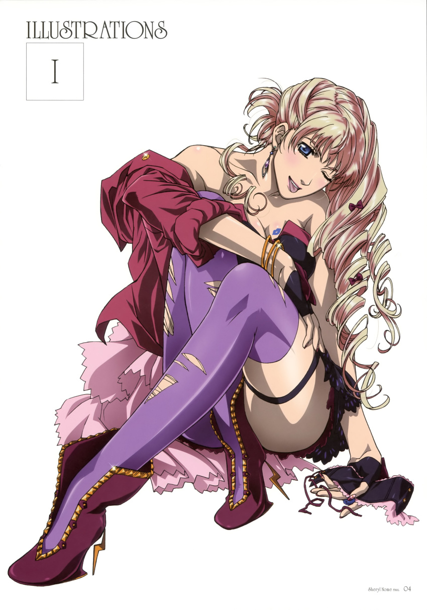 :p, absurdres, ankle_boots, asymmetrical_clothes, asymmetrical_clothing, blonde_hair, blue_eyes, breasts