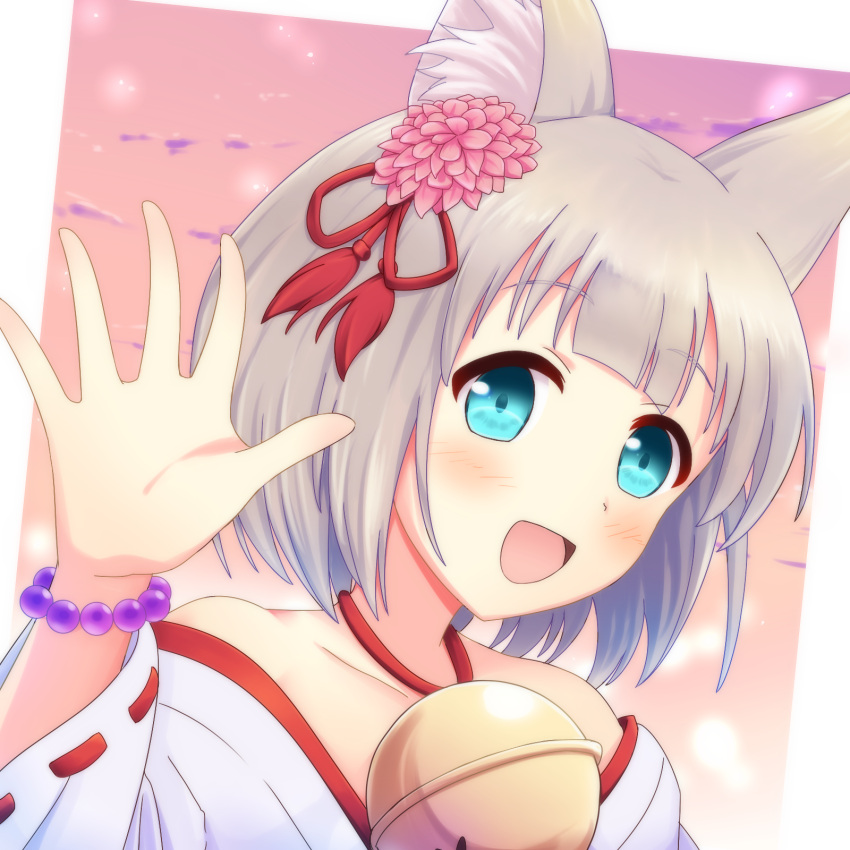 1girl, animal_ears, bare_shoulders, bead_bracelet, beads, bell, blue_eyes, bracelet