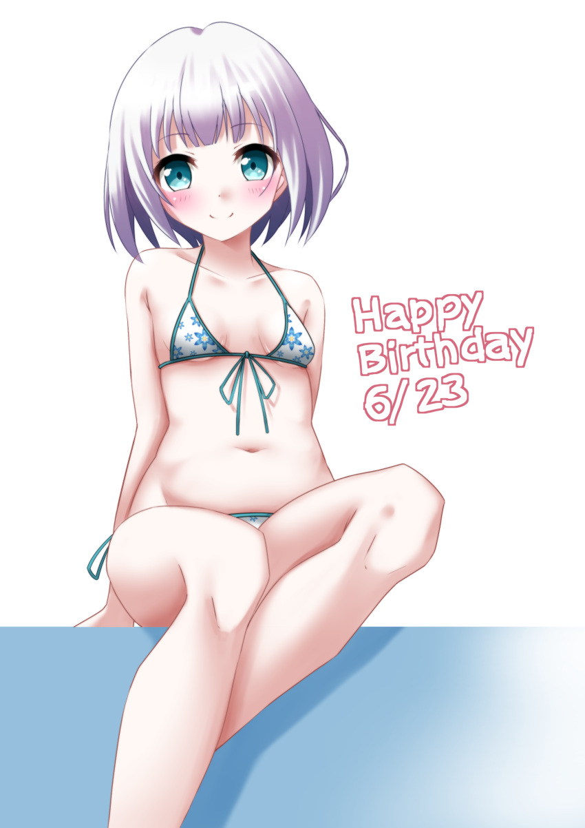 1girl, bikini, blue_eyes, blush, breasts, dated, happy_birthday, highres