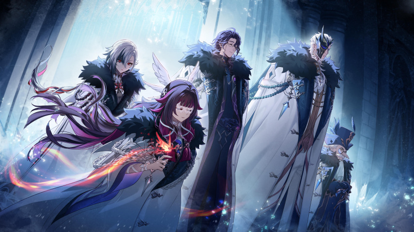 2girls, 3boys, absurdres, arlecchino_(genshin_impact), black_hair, bug, butterfly, closed_eyes
