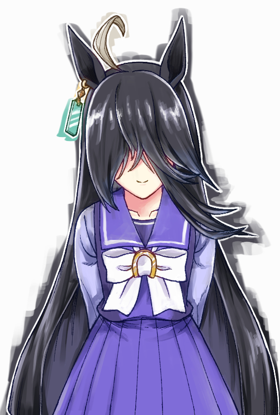 1girl, ahoge, animal_ears, arms_behind_back, black_hair, bow, bowtie, closed_mouth