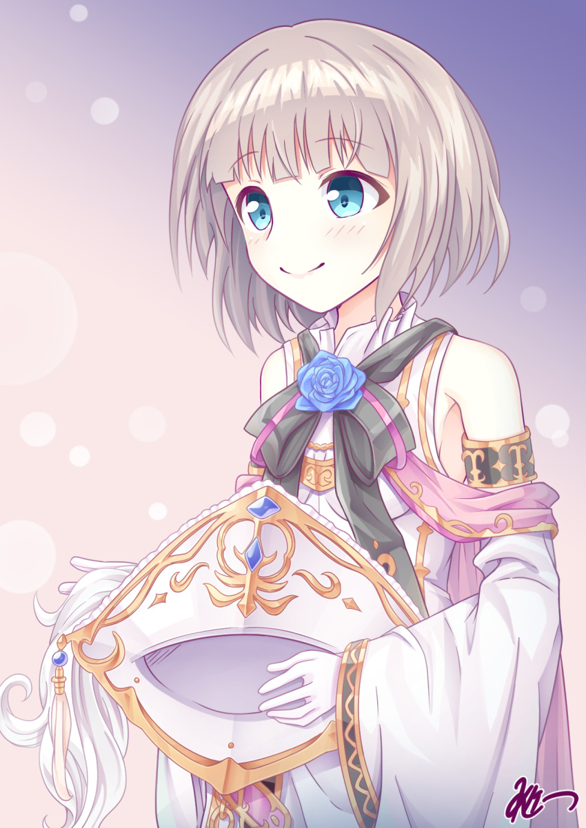 1girl, bare_shoulders, black_ribbon, blue_eyes, blue_flower, blue_rose, breasts, detached_sleeves