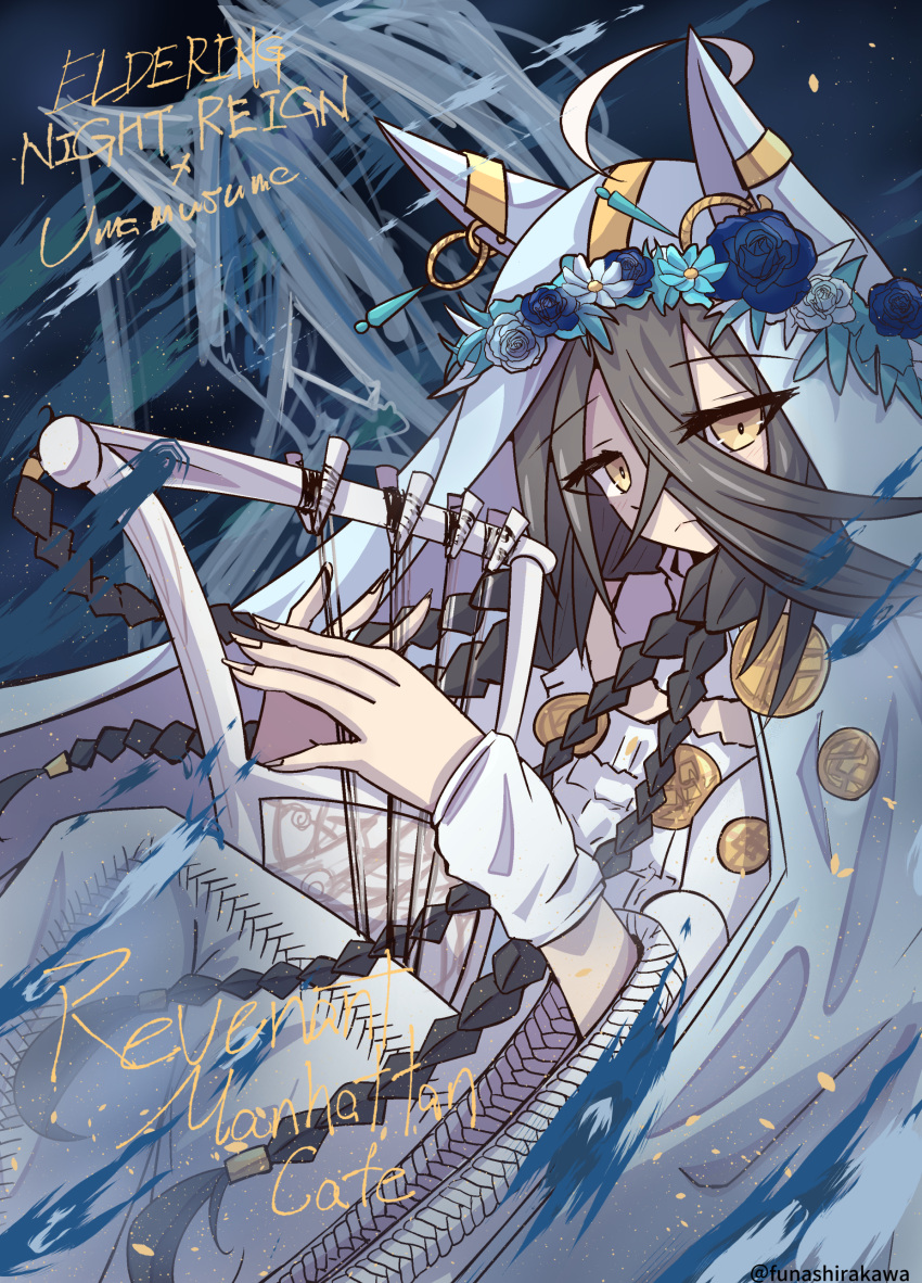 1girl, absurdres, ahoge, animal_ears, artist_name, black_hair, blush, closed_mouth, cosplay, crossed_bangs, dress, ear_ornament, earrings, elden_ring, elden_ring_nightreign, flower, frown, funashirakawa, hair_between_eyes, hair_through_headwear, head_wreath, highres, holding, holding_instrument, holding_lyre, horse_ears, horse_girl, instrument, jewelry, long_hair, long_hair_between_eyes, looking_at_viewer, lyre, manhattan_cafe_(umamusume), multicolored_hair, music, night, night_sky, playing_instrument, purple_flower, quad_braids, revenant_(elden_ring), revenant_(elden_ring)_(cosplay), short_sleeves, single_earring, sky, star_(sky), veil, very_long_hair, white_arm_warmers, white_dress, white_flower, white_hair, white_veil, yellow_eyes