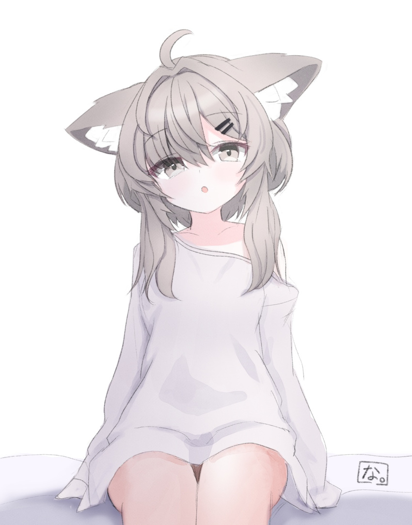 1girl, :o, animal_ears, grey_eyes, grey_hair, highres, long_sleeves, looking_at_viewer, mafuyu_(vrchat), nayanaiti, no_pants, off_shoulder, parted_lips, shirt, shirt_slip, short_hair_with_long_locks, simple_background, sitting, sleeves_past_fingers, sleeves_past_wrists, vrchat, white_background, white_shirt