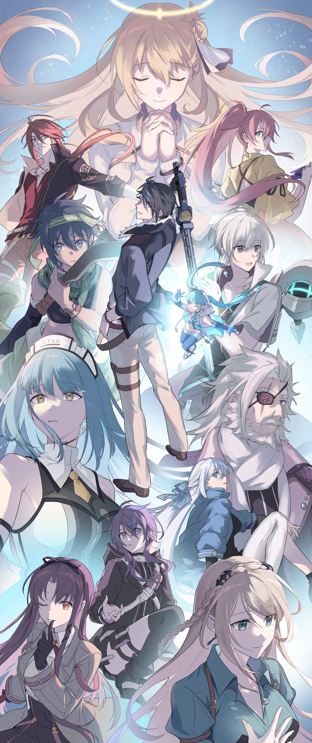 4boys, 6+girls, aaron_wei, absurdres, agnes_claudel, ahoge, beard, bergard_zeman, black_gloves, blonde_hair, blue_eyes, blue_hair, bob_cut, braid, bun_with_braided_base, closed_eyes, closed_mouth, eiyuu_densetsu, elaine_auclair, eyepatch, facial_hair, feri_al-fayed, finger_to_mouth, floating_hair, full_beard, gloves, green_eyes, hair_between_eyes, hair_bun, hair_slicked_back, half_updo, highres, hime_cut, holding, holding_weapon, judith_lanster, kai_no_kiseki, kuro_no_kiseki_(series), long_hair, long_sleeves, maid_headdress, mullet, multiple_boys, multiple_girls, one_eye_closed, open_mouth, pink_hair, poki_(as9861164216765), ponytail, quatre_salision, renne_(eiyuu_densetsu), risette_twinings, shizuna_rem_misurugi, short_hair, short_sleeves, sideburns, sidelocks, single_side_bun, sword, van_arkride, violet_eyes, weapon, white_hair, yellow_eyes