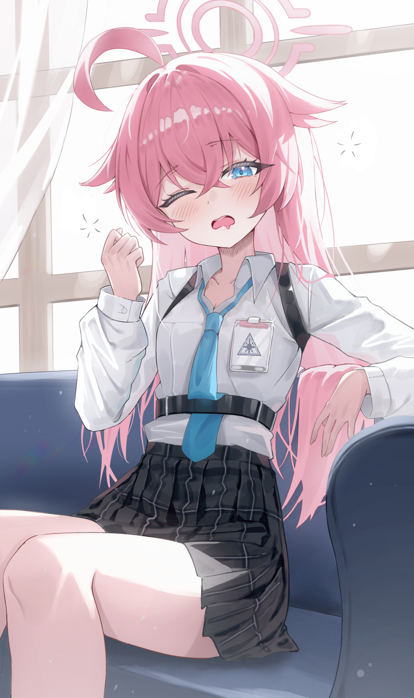 1girl, ;o, absurdres, ahoge, backlighting, black_skirt, blue_archive, blue_couch