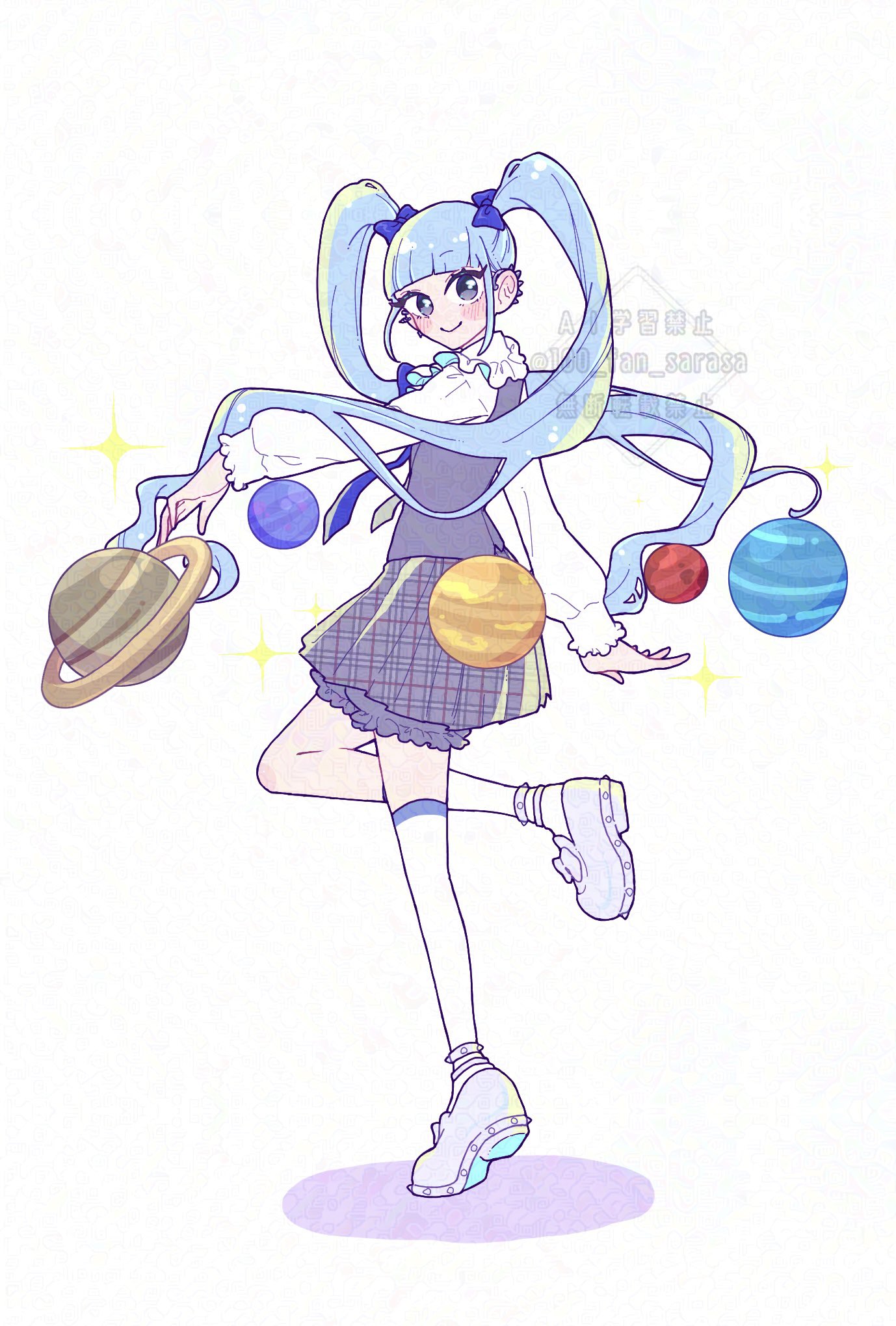 1girl, adversarial_noise, artist_name, asymmetrical_legwear, black_eyes, bloomers, blue_bow, blue_hair, blunt_bangs, blush_stickers, bow, commentary_request, earclip, full_body, futate_eru, grey_skirt, grey_vest, hair_bow, highres, kimi_no_koto_ga_dai_dai_dai_dai_daisuki_na_100-nin_no_kanojo, long_sleeves, looking_at_viewer, plaid_clothes, plaid_skirt, planet, pleated_skirt, sasarasa, shirt, shoes, simple_background, single_bare_leg, single_sock, single_thighhigh, skirt, smile, socks, solo, sparkle, standing, standing_on_one_leg, thigh-highs, twintails, twitter_username, uneven_legwear, vest, watermark, white_background, white_shirt, white_shoes, white_socks, white_thighhighs, zettai_ryouiki