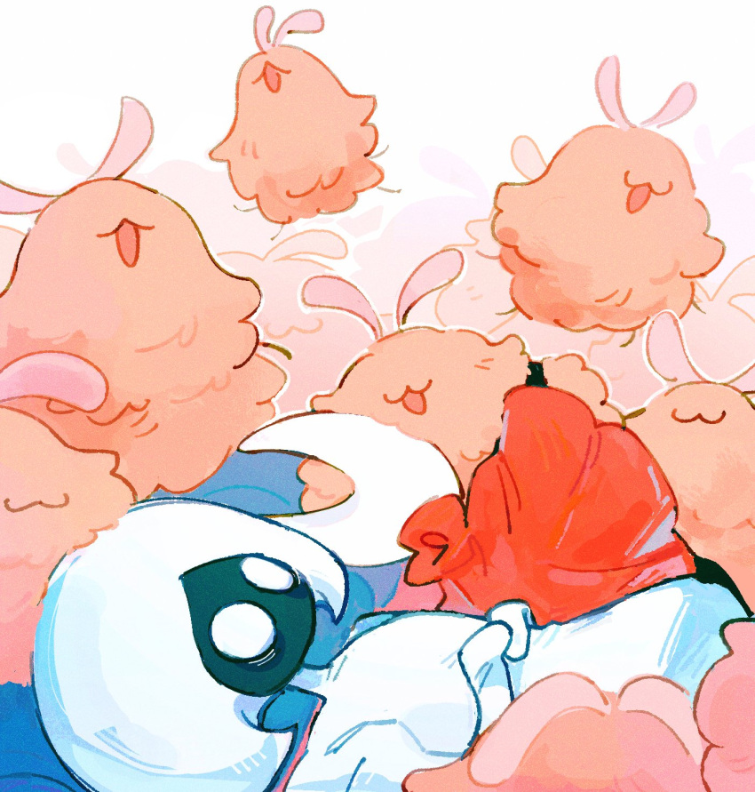 2girls, 500_dollar_four_foot_tall_mareep_(meme), 6+others, :3, arthropod_girl, black_skin, blank_eyes, cloak