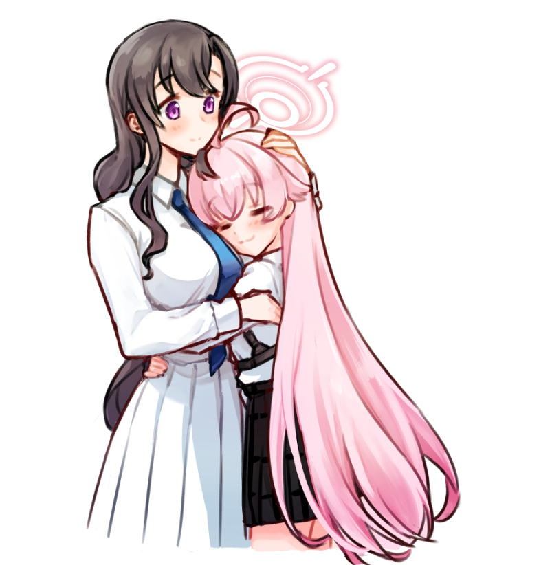 2girls, ahoge, black_hair, black_skirt, blue_archive, blue_necktie, closed_eyes, closed_mouth