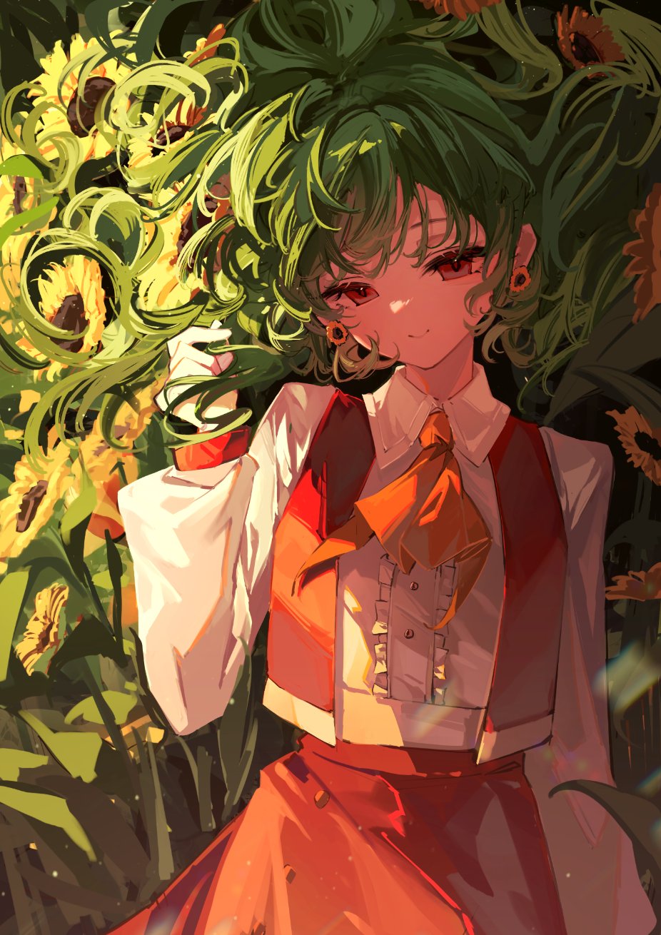 1girl, ascot, center_frills, flower, frills, green_hair, highres, holding