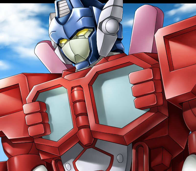 blue_helmet, clouds, cloudy_sky, fire_convoy, helmet, inaho, machine, mecha