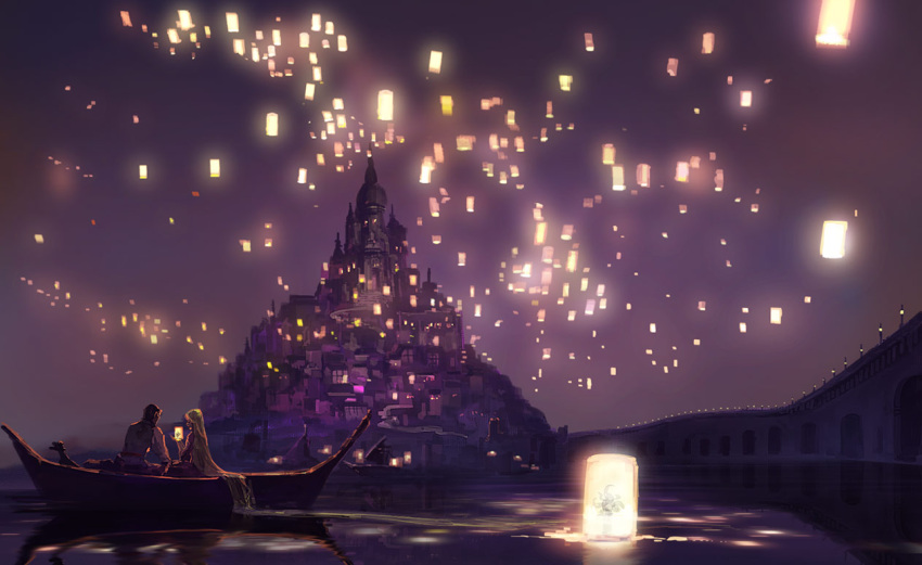 boat, bridge, brown_hair, city, cityscape, disney, flynn_rider, island, lantern, lights, long_hair, paper_lantern, rapunzel, rapunzel_(disney), sakai_natsuo, scenery, short_hair, sitting, sky_lantern, tangled, tangled_(film), very_long_hair, water