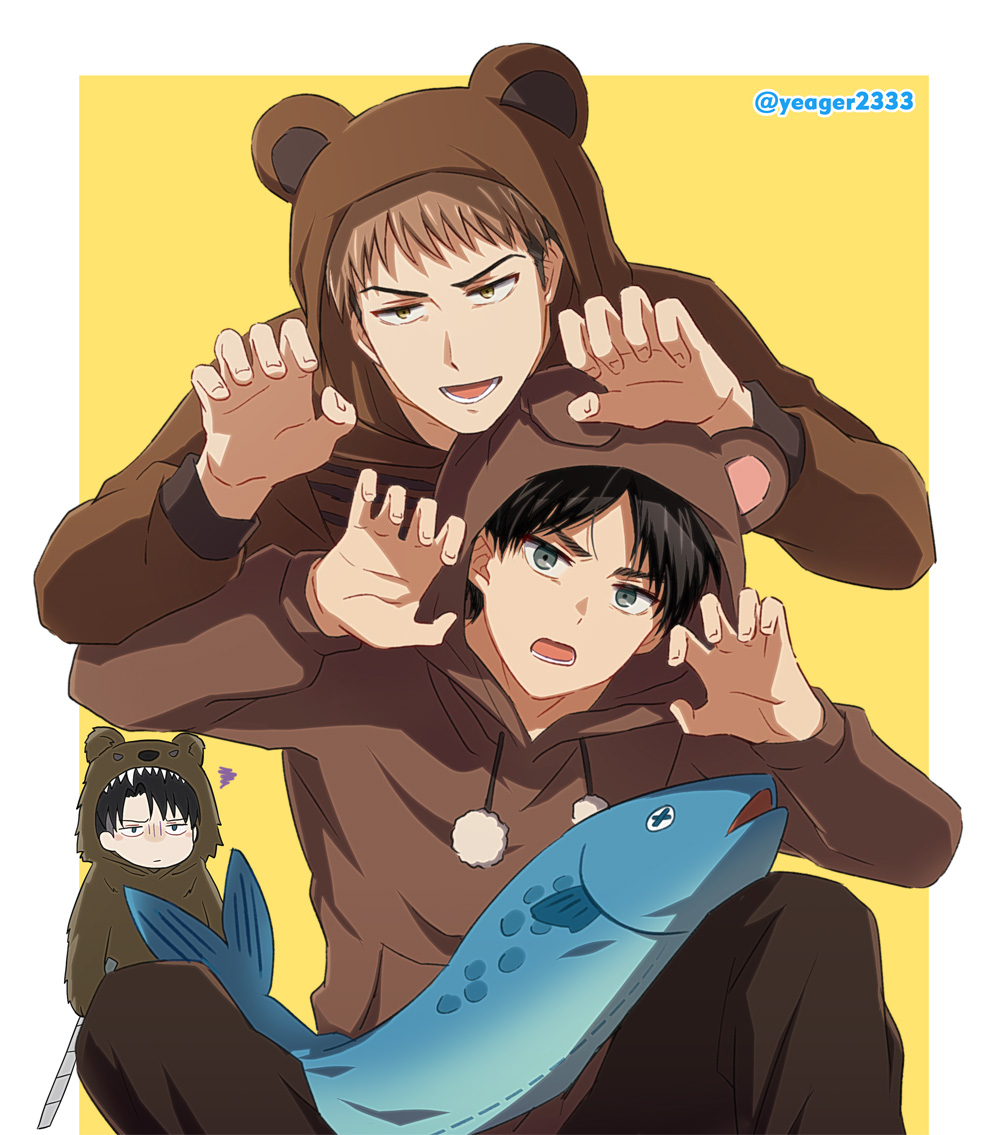 3boys, animal_costume, animal_hood, bear_costume, bear_hood, black_hair, brown_eyes, brown_hair