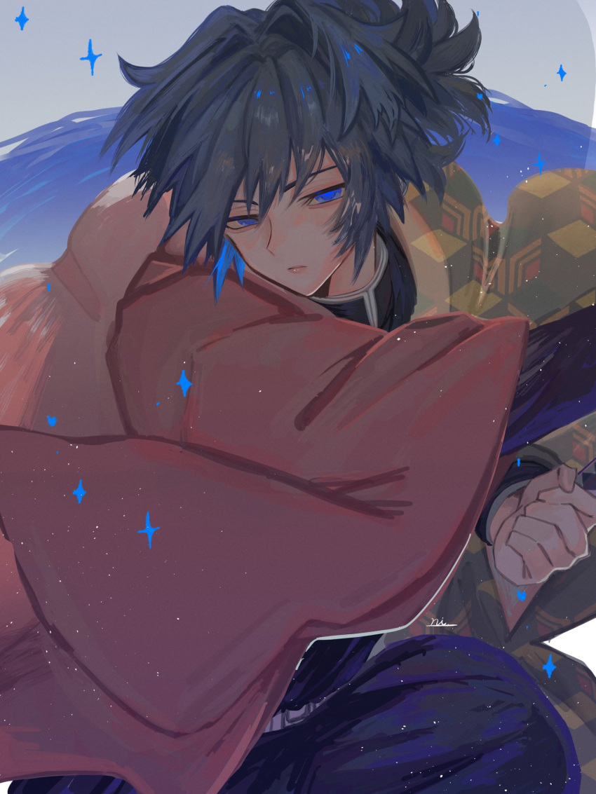 1boy, belt, black_hair, black_jacket, black_pants, blue_eyes, demon_slayer_uniform, half-closed_eyes