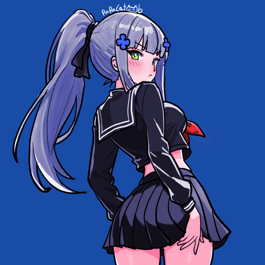 1girl, alternate_costume, black_ribbon, black_serafuku, black_skirt, blue_hair, blush, breasts