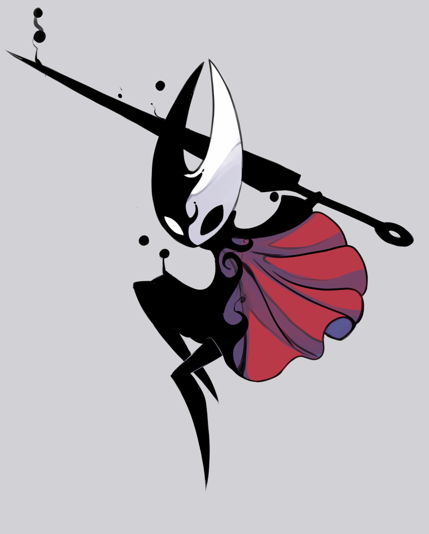 1girl, absurdres, arthropod_girl, black_skin, cloak, colored_skin, full_body, grey_background, highres, holding, holding_needle, hollow_eyes, hollow_knight, hollow_knight:_silksong, horned_mask, hornet_(hollow_knight), looking_at_viewer, mask, needle, needle_(hollow_knight), no_humans, no_mouth, red_cloak, red_knight_(thescarlknight), simple_background, umbrakinesis, weapon, white_mask