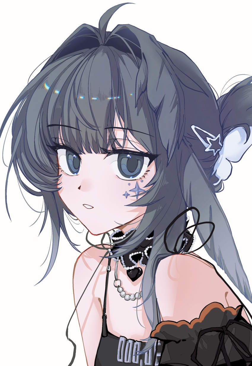 1girl, absurdres, ahoge, arknights, bare_shoulders, black_camisole, black_eyes, black_hair
