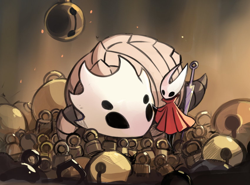 1girl, absurdres, arthropod_girl, bell, bell_beast_(hollow_knight), black_skin, cloak, colored_skin