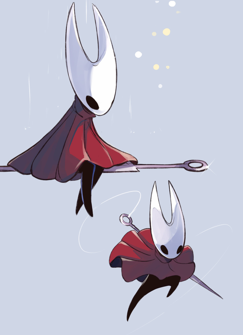 1girl, absurdres, arthropod_girl, black_skin, blue_background, cloak, colored_skin, full_body, highres, holding, holding_needle, holding_weapon, hollow_eyes, hollow_knight, hollow_knight:_silksong, horned_mask, hornet_(hollow_knight), leg_up, mask, multiple_views, needle, needle_(hollow_knight), no_humans, no_mouth, red_cloak, red_knight_(thescarlknight), simple_background, sitting, sitting_on_weapon, solo, thread, weapon, white_mask