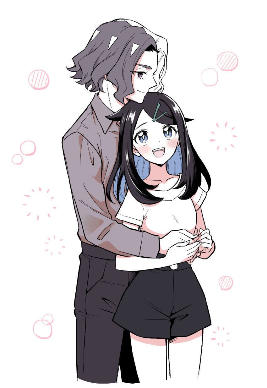1boy, 1girl, :d, amethio_(pokemon), black_pants, black_shorts, blue_eyes, blue_hair