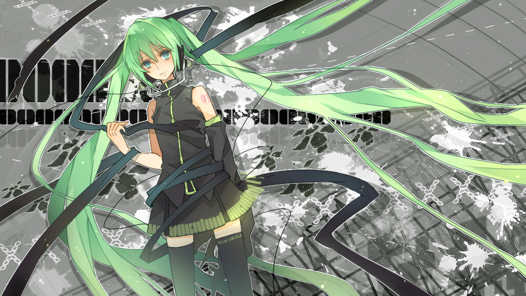 green_eyes, green_hair, hatsune_miku, long_hair, ranpak, skirt, solo, thigh-highs